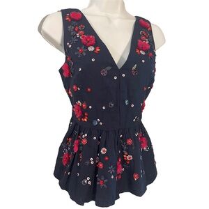 ☀️J. CREW - Cotton-Linen Navy Top - Beaded Embroidered Embellishment XS